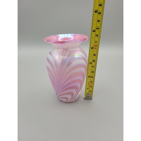 Art Glass Handblown Pink Iridescent White Swirl Bud Vase Pulled Feather - Picture 7 of 7